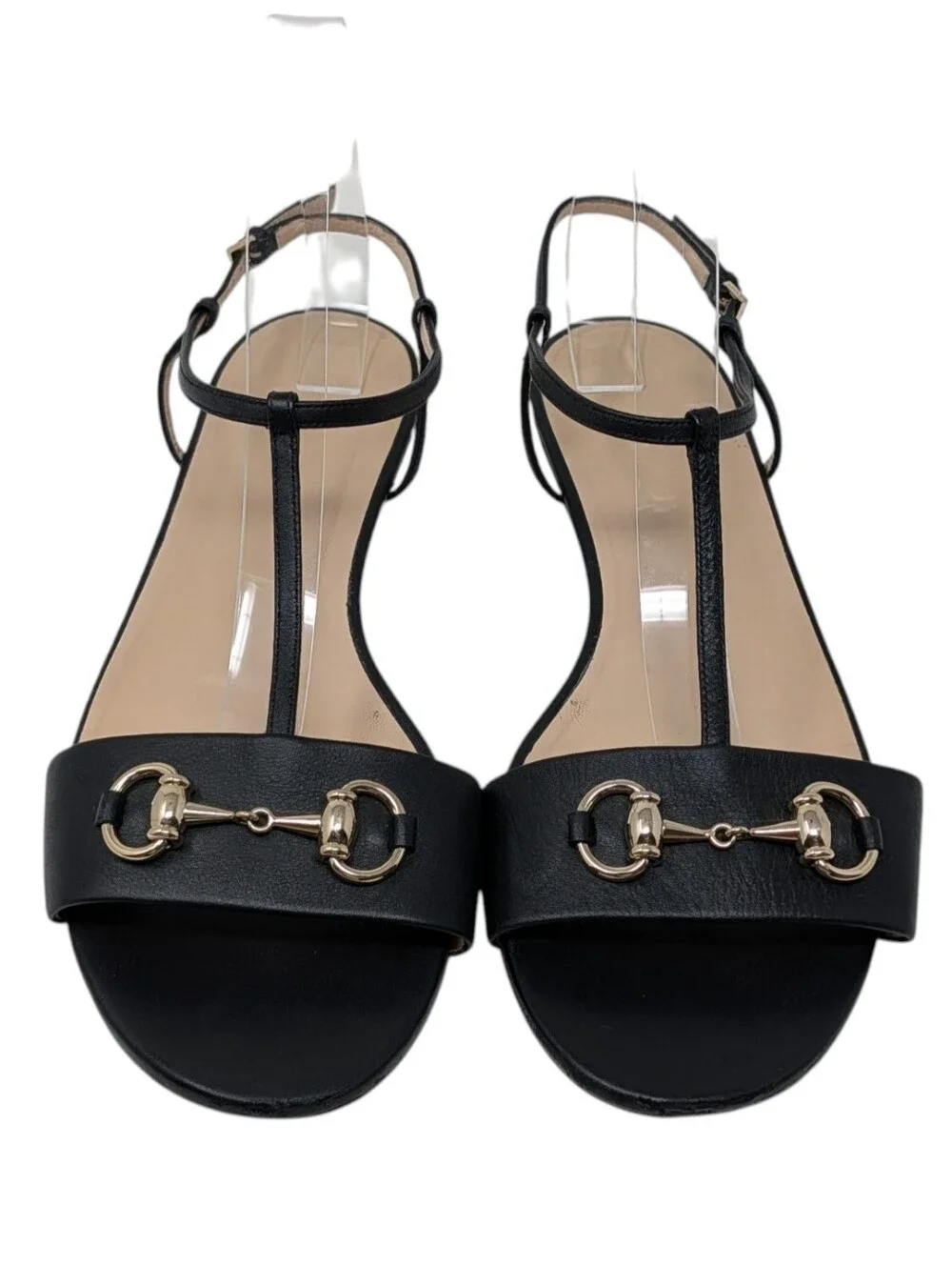 Gucci Horsebit Flat Black Leather T-Strap Sandals Size EU 40.5
